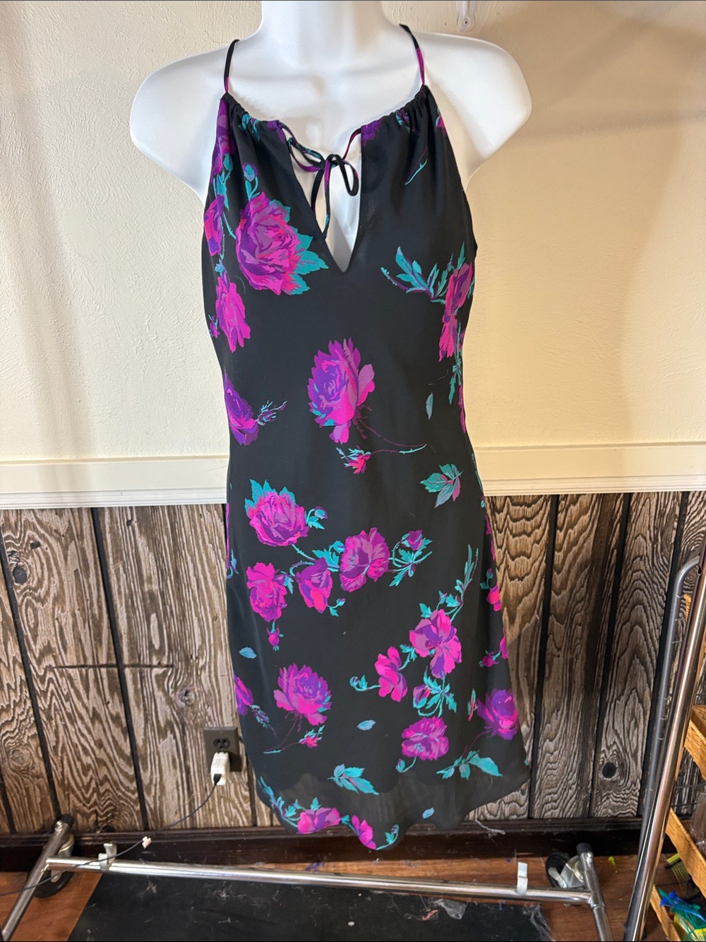 Express Black Halter Midi Dress with Pink Floral Print